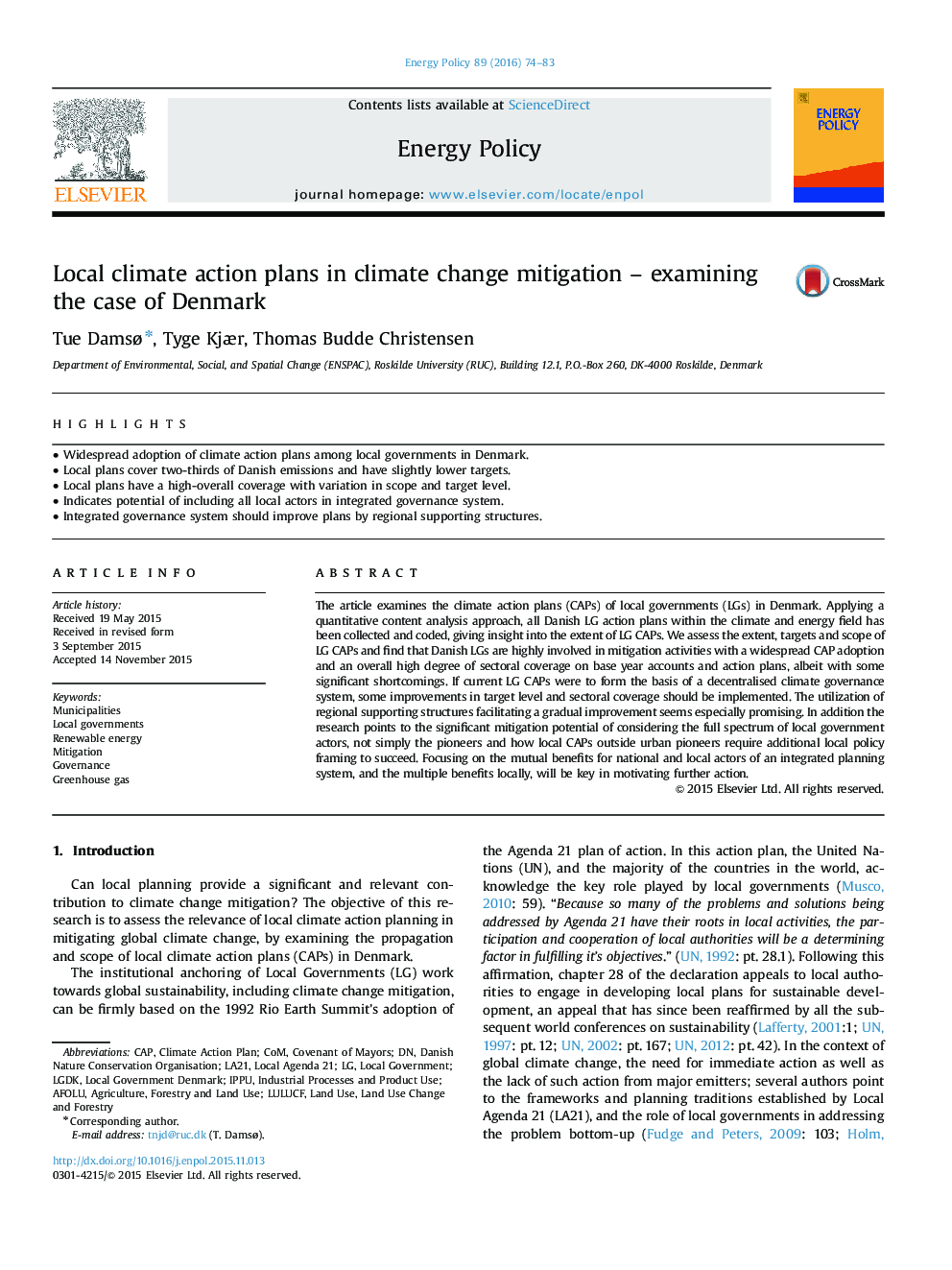 Local climate action plans in climate change mitigation - examining the case of Denmark
