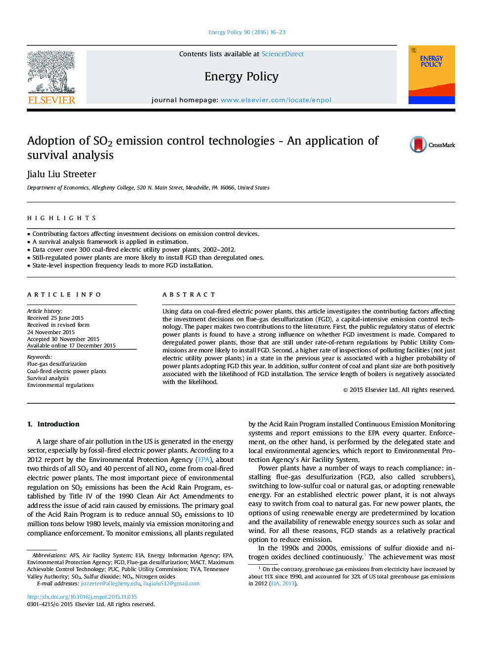 Adoption of SO2 emission control technologies - An application of survival analysis