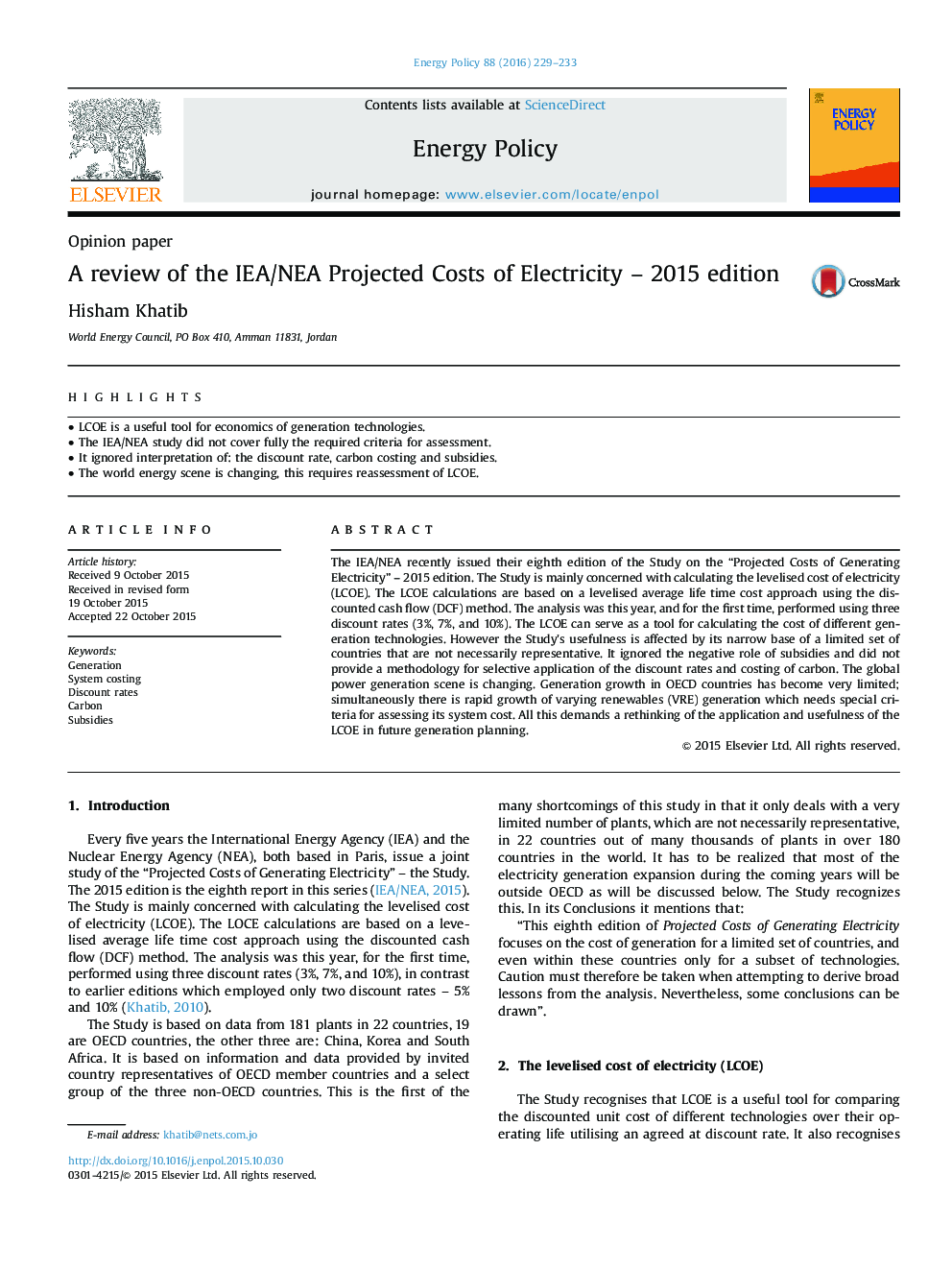 A review of the IEA/NEA Projected Costs of Electricity - 2015 edition