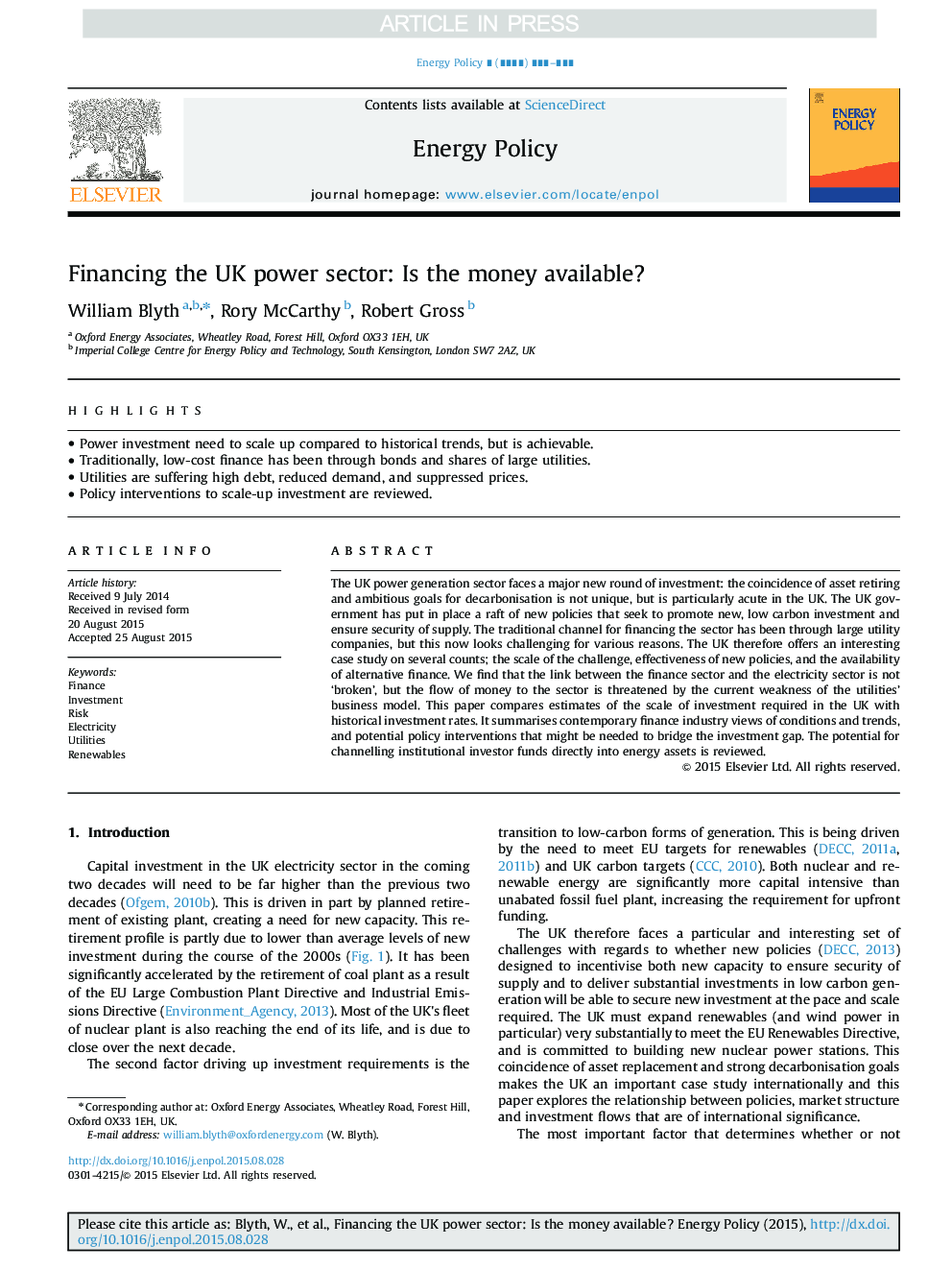 Financing the UK power sector: Is the money available?