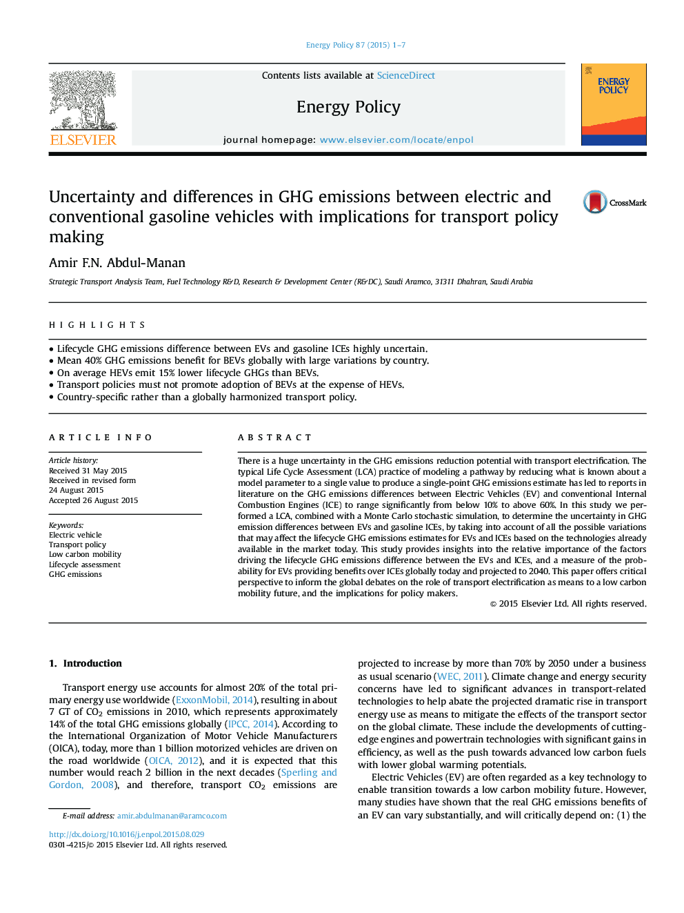 Uncertainty and differences in GHG emissions between electric and conventional gasoline vehicles with implications for transport policy making