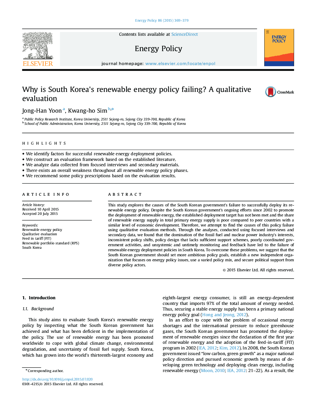 Why is South Korea's renewable energy policy failing? A qualitative evaluation