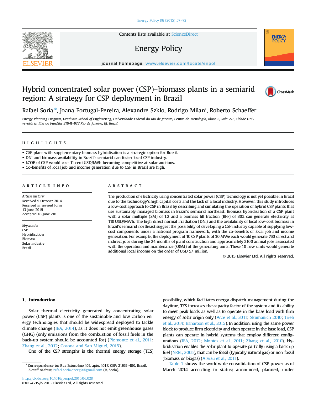 Hybrid concentrated solar power (CSP)-biomass plants in a semiarid region: A strategy for CSP deployment in Brazil