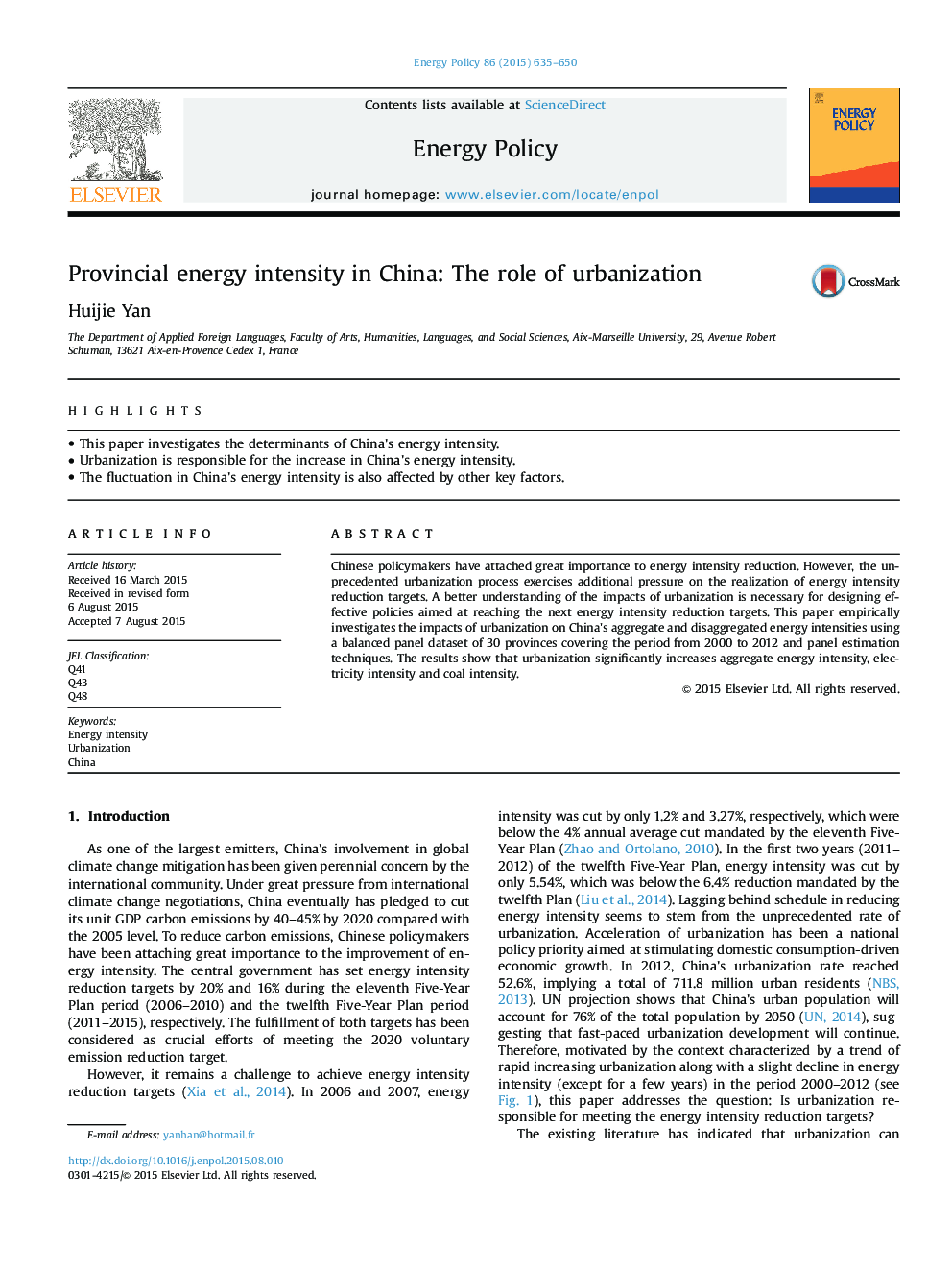 Provincial energy intensity in China: The role of urbanization
