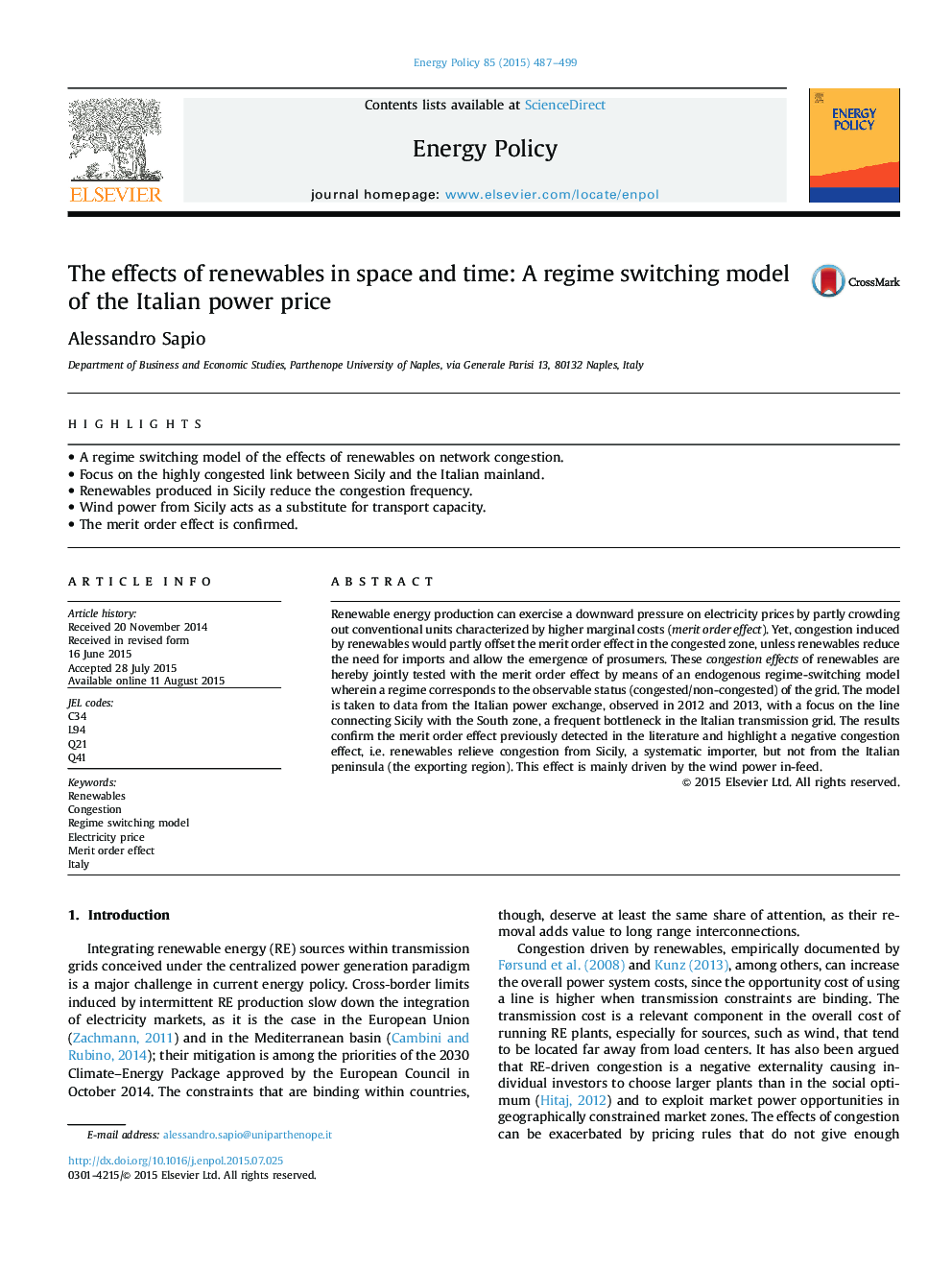 The effects of renewables in space and time: A regime switching model of the Italian power price