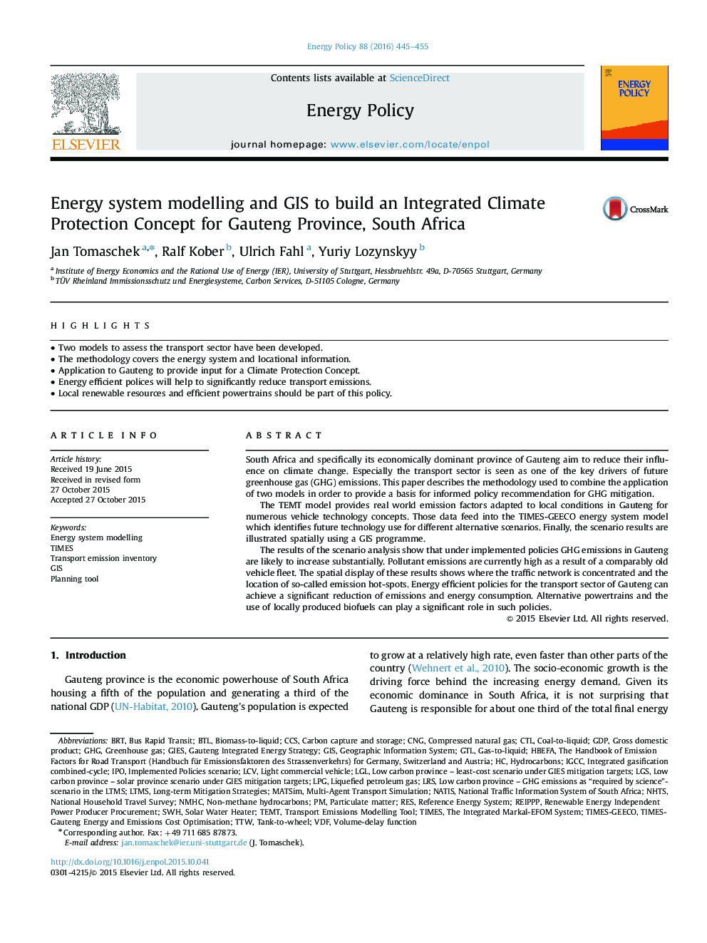 Energy system modelling and GIS to build an Integrated Climate Protection Concept for Gauteng Province, South Africa