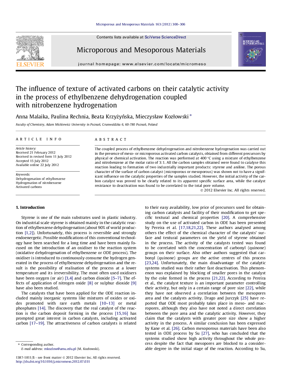 The influence of texture of activated carbons on their catalytic activity in the process of ethylbenzene dehydrogenation coupled with nitrobenzene hydrogenation