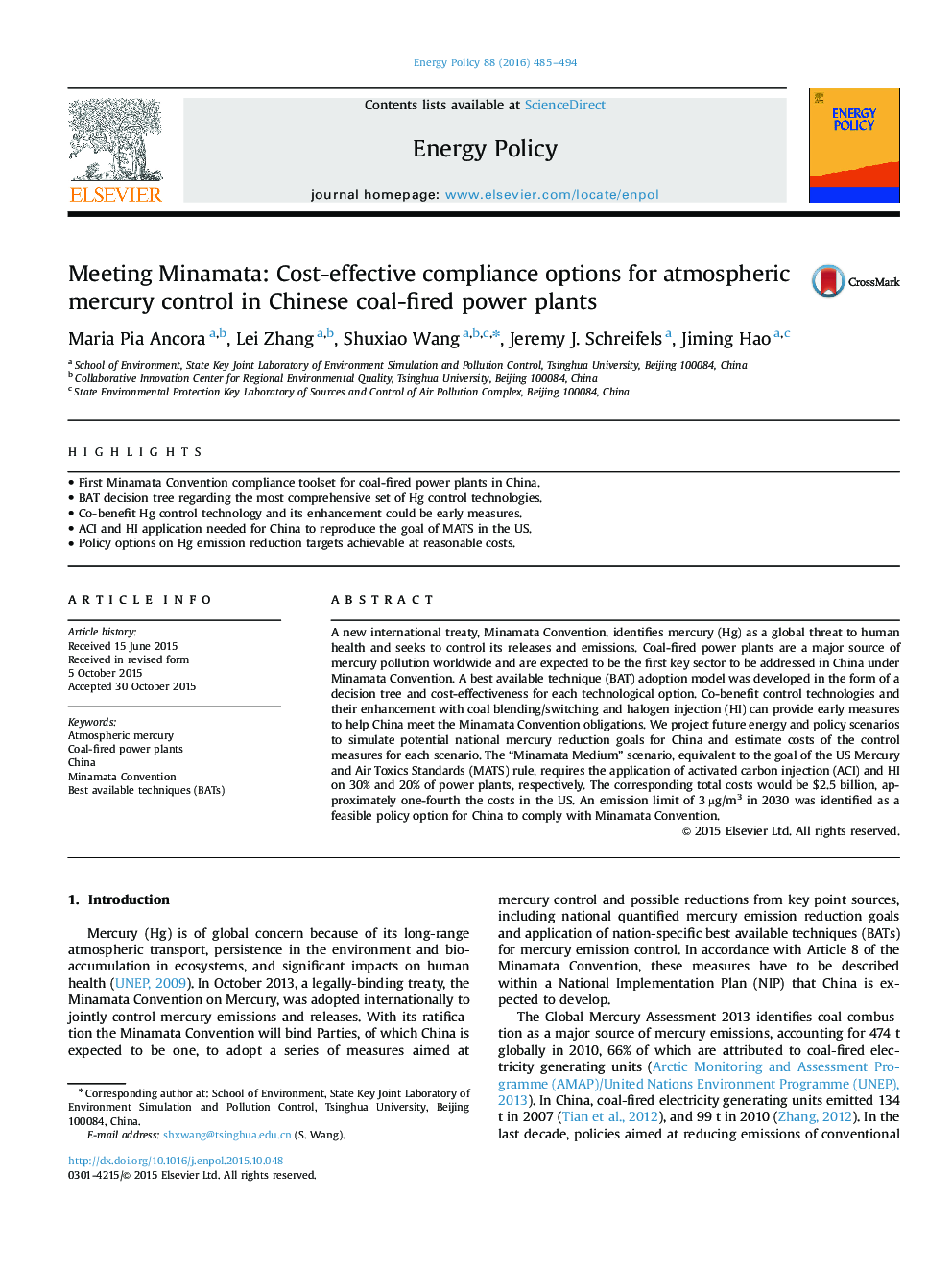 Meeting Minamata: Cost-effective compliance options for atmospheric mercury control in Chinese coal-fired power plants