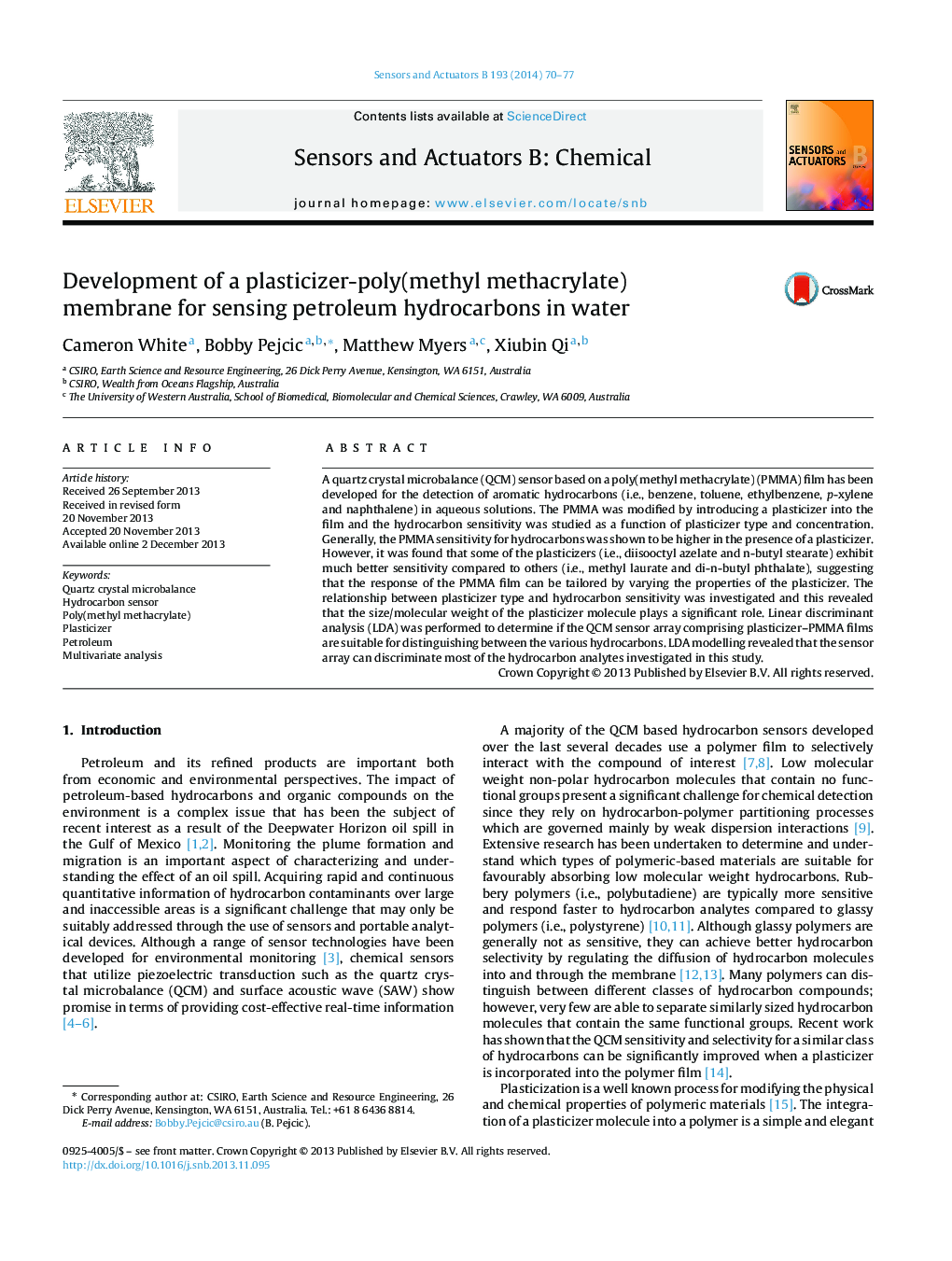 Development of a plasticizer-poly(methyl methacrylate) membrane for sensing petroleum hydrocarbons in water