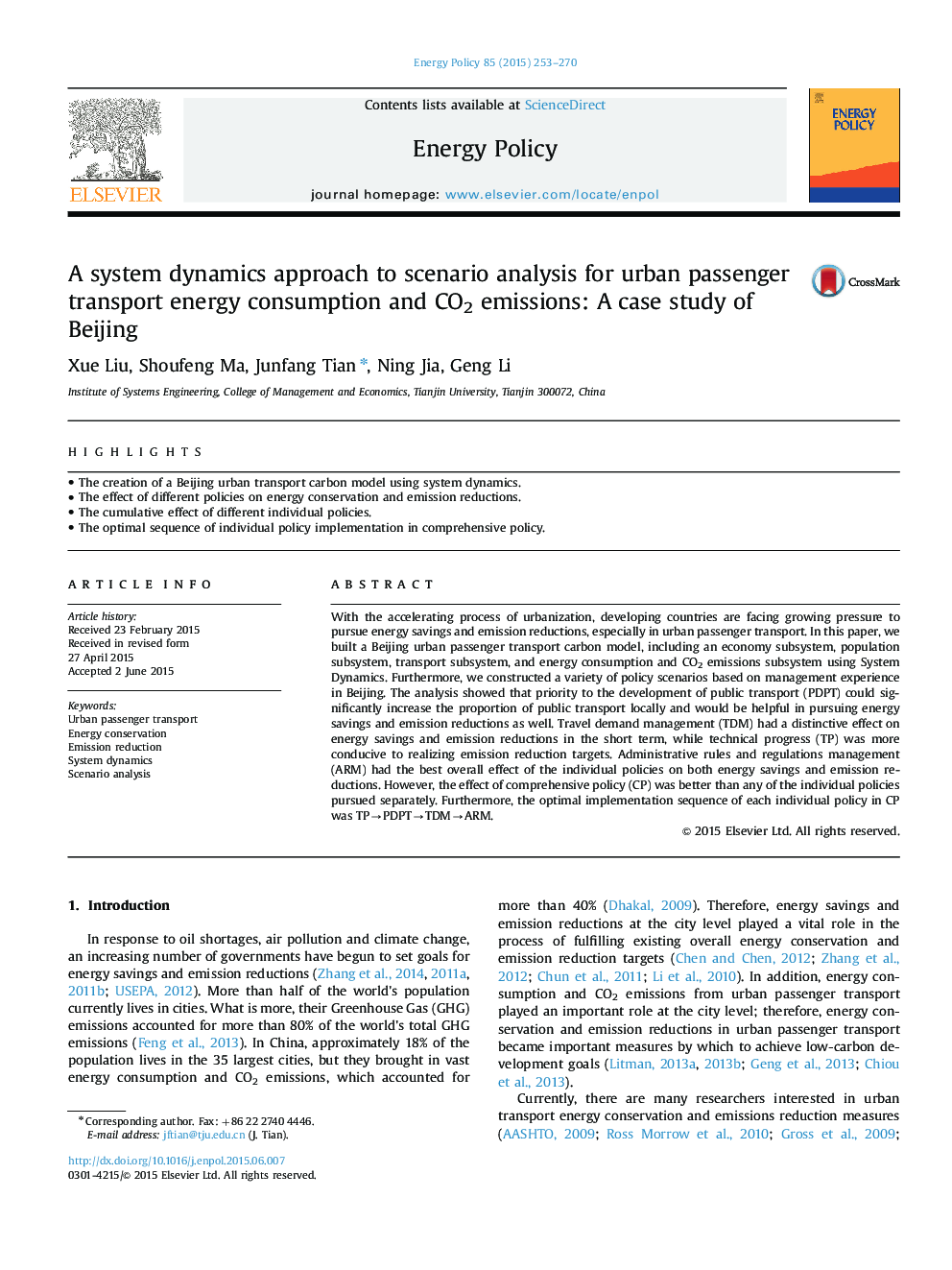 A system dynamics approach to scenario analysis for urban passenger transport energy consumption and CO2 emissions: A case study of Beijing