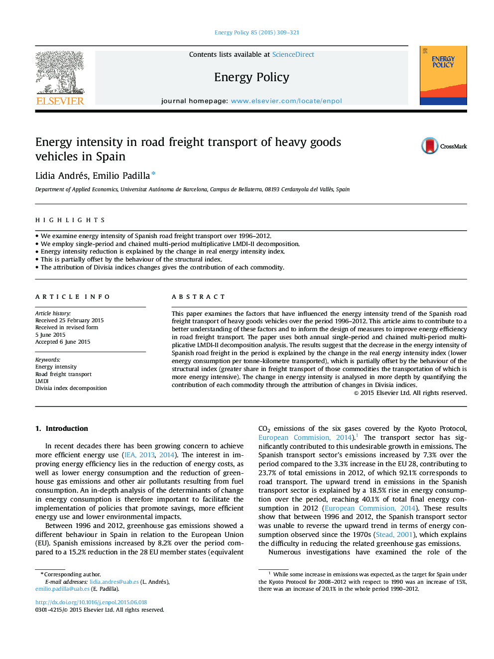 Energy intensity in road freight transport of heavy goods vehicles in Spain