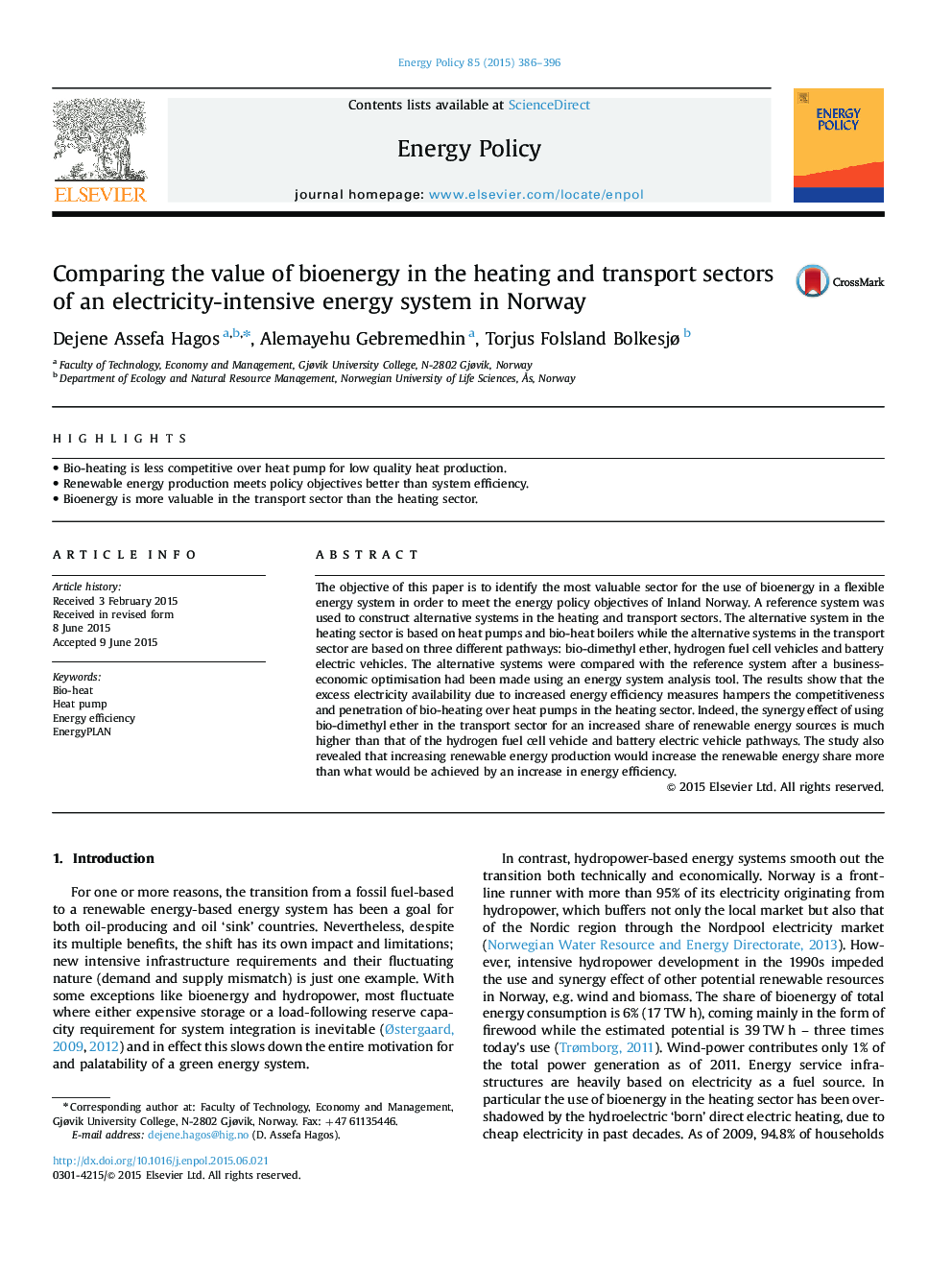 Comparing the value of bioenergy in the heating and transport sectors of an electricity-intensive energy system in Norway