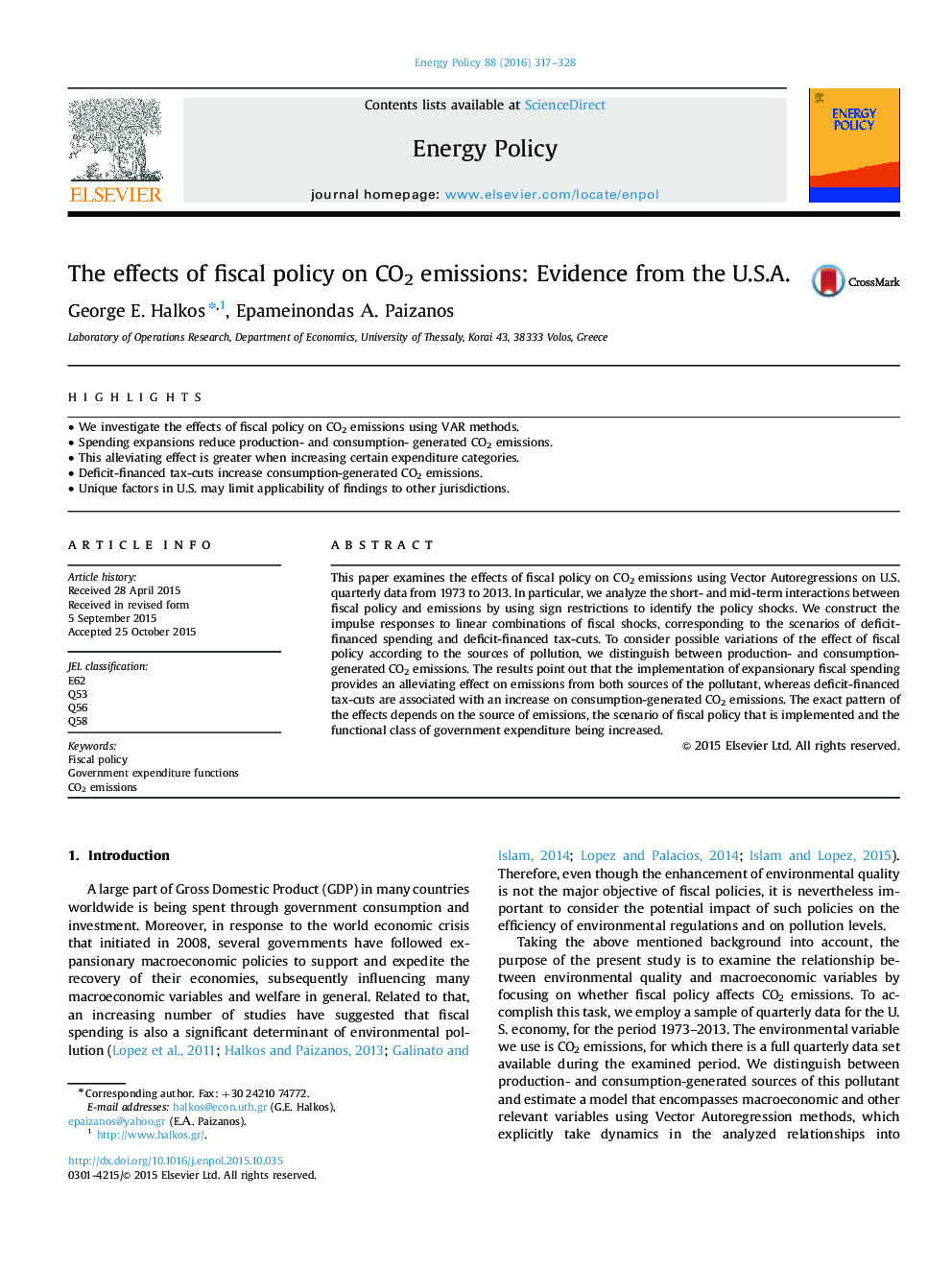 The effects of fiscal policy on CO2 emissions: Evidence from the U.S.A.