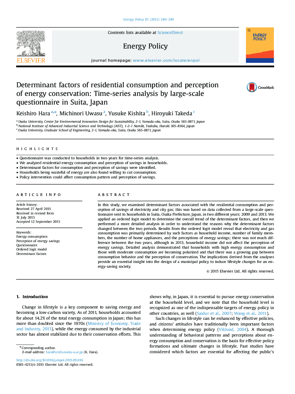 Determinant factors of residential consumption and perception of energy conservation: Time-series analysis by large-scale questionnaire in Suita, Japan