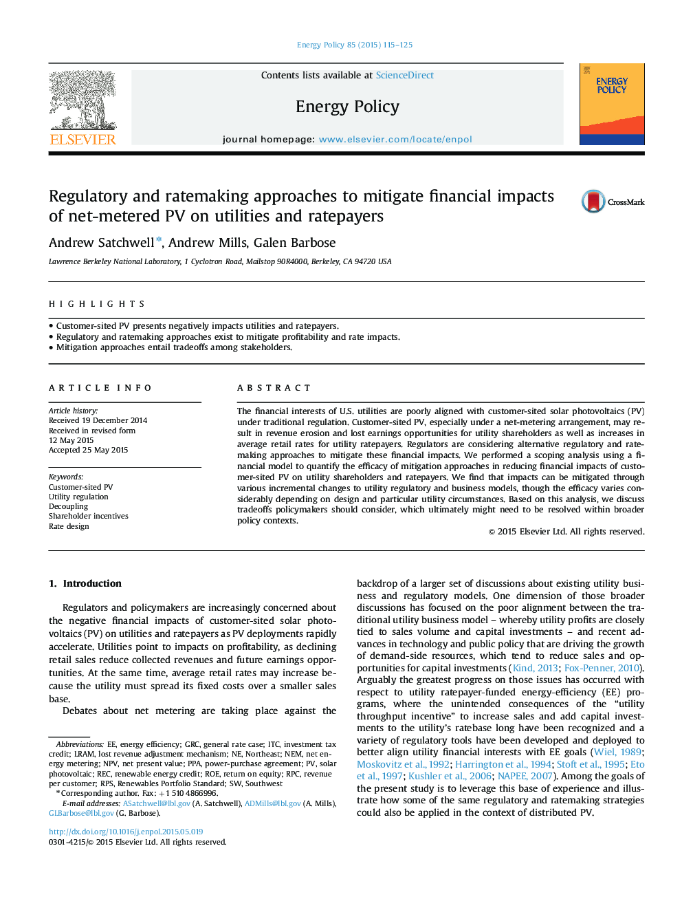 Regulatory and ratemaking approaches to mitigate financial impacts of net-metered PV on utilities and ratepayers