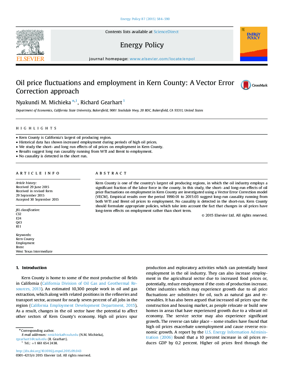 Oil price fluctuations and employment in Kern County: A Vector Error Correction approach