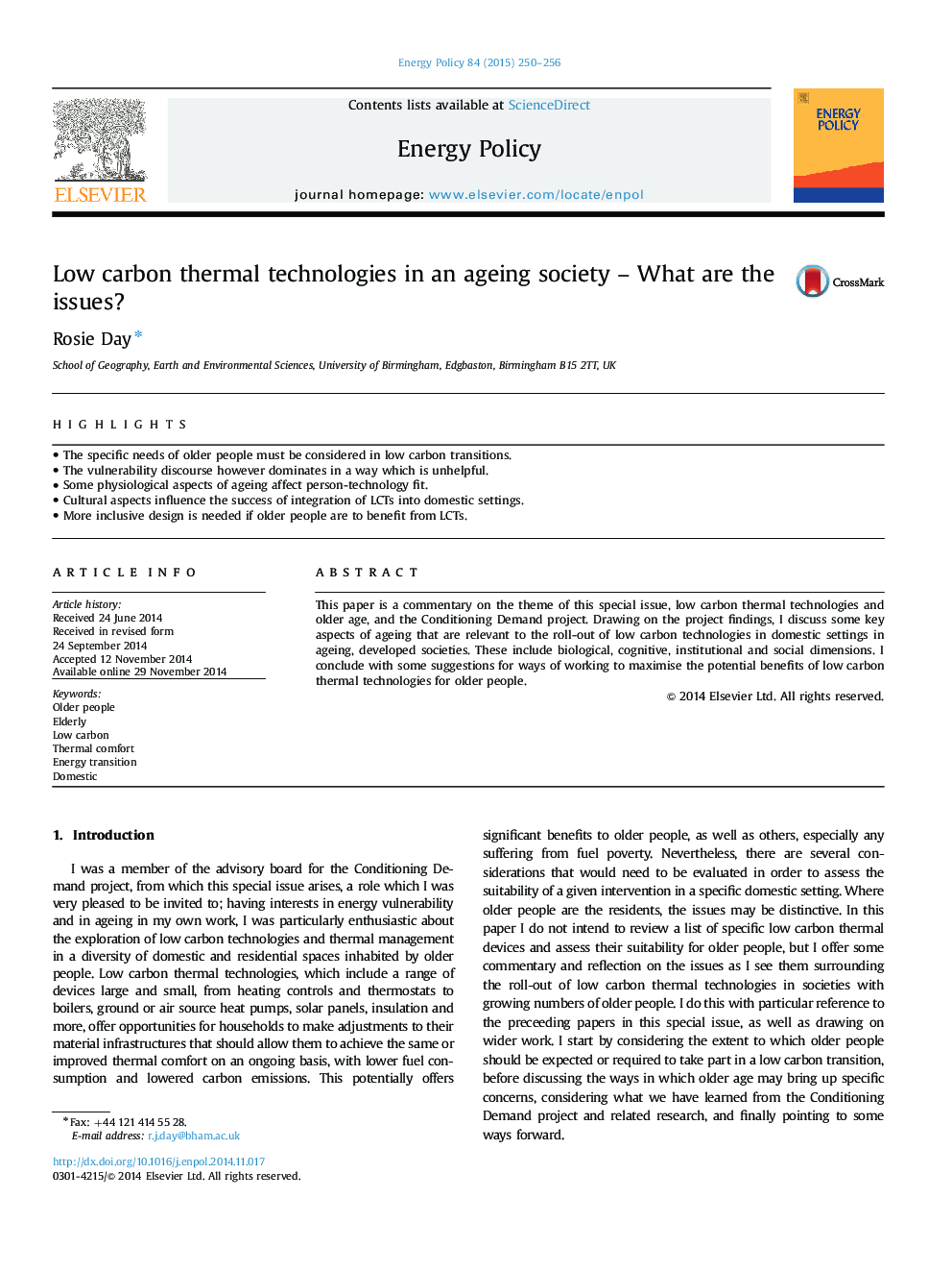 Low carbon thermal technologies in an ageing society - What are the issues?