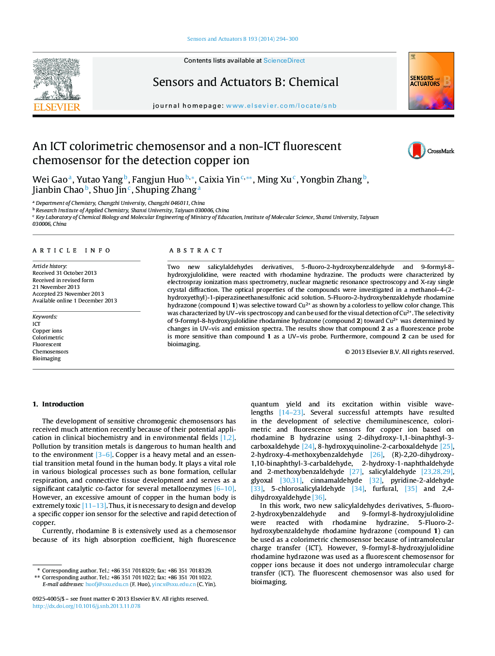 An ICT colorimetric chemosensor and a non-ICT fluorescent chemosensor for the detection copper ion