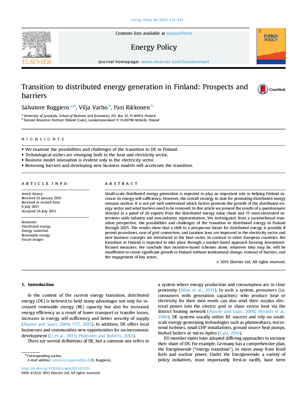 Transition to distributed energy generation in Finland: Prospects and barriers