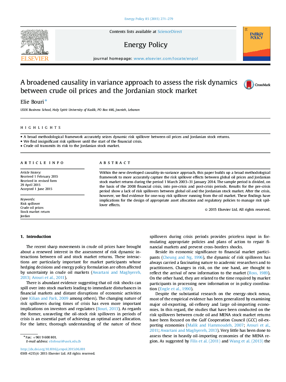 A broadened causality in variance approach to assess the risk dynamics between crude oil prices and the Jordanian stock market