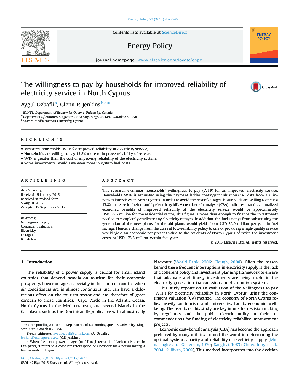 The willingness to pay by households for improved reliability of electricity service in North Cyprus