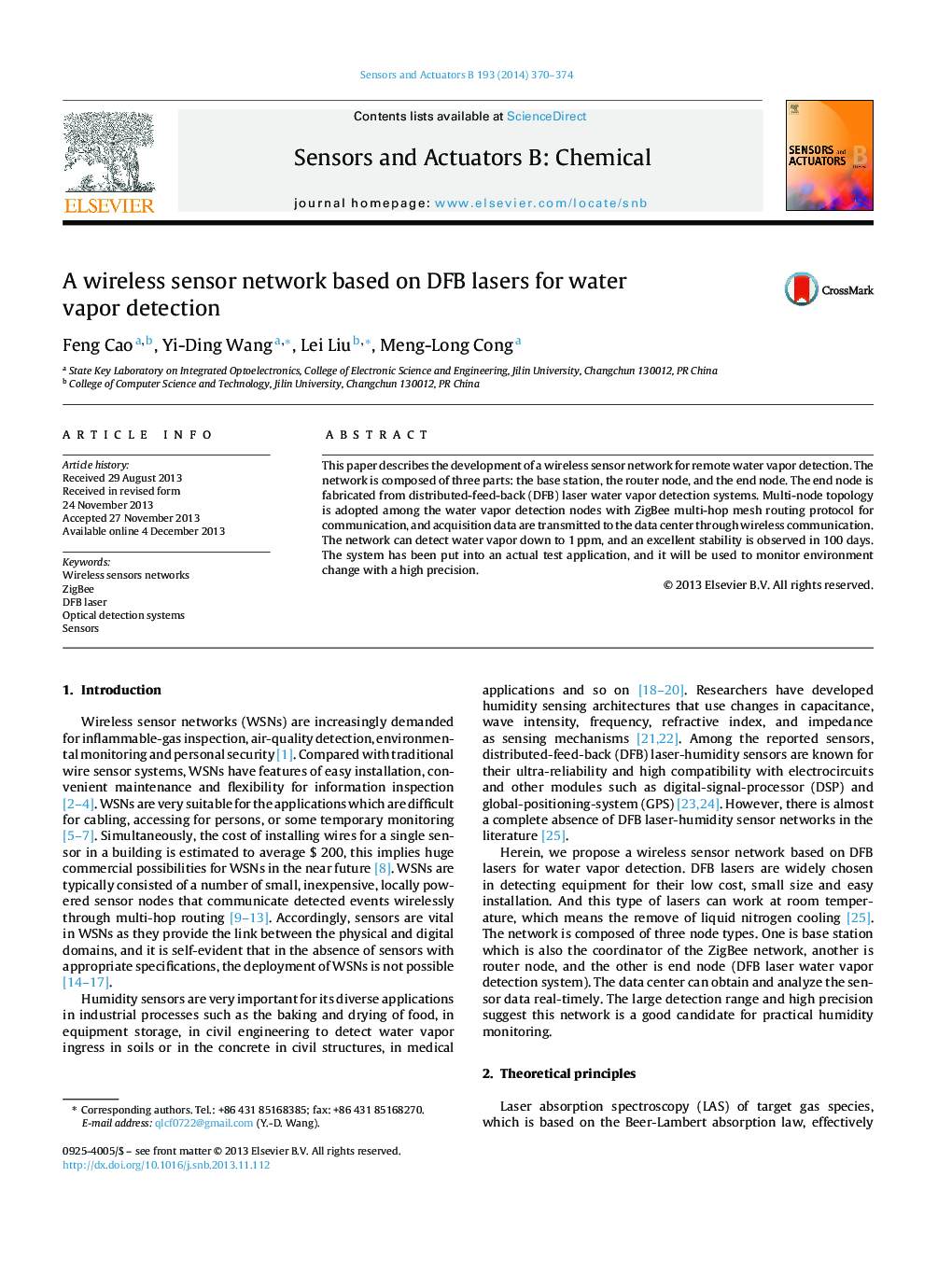 A wireless sensor network based on DFB lasers for water vapor detection