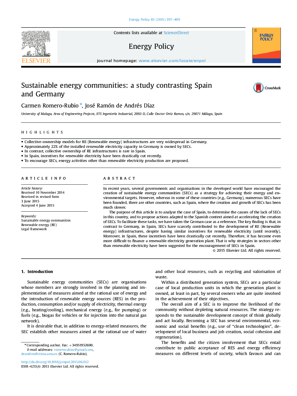 Sustainable energy communities: a study contrasting Spain and Germany