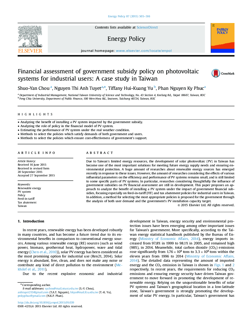 ارزیابی مالی سیاست های یارانه دولتی بر سیستم های فتوولتائیک برای کاربران صنعتی: مطالعه موردی در تایوان 