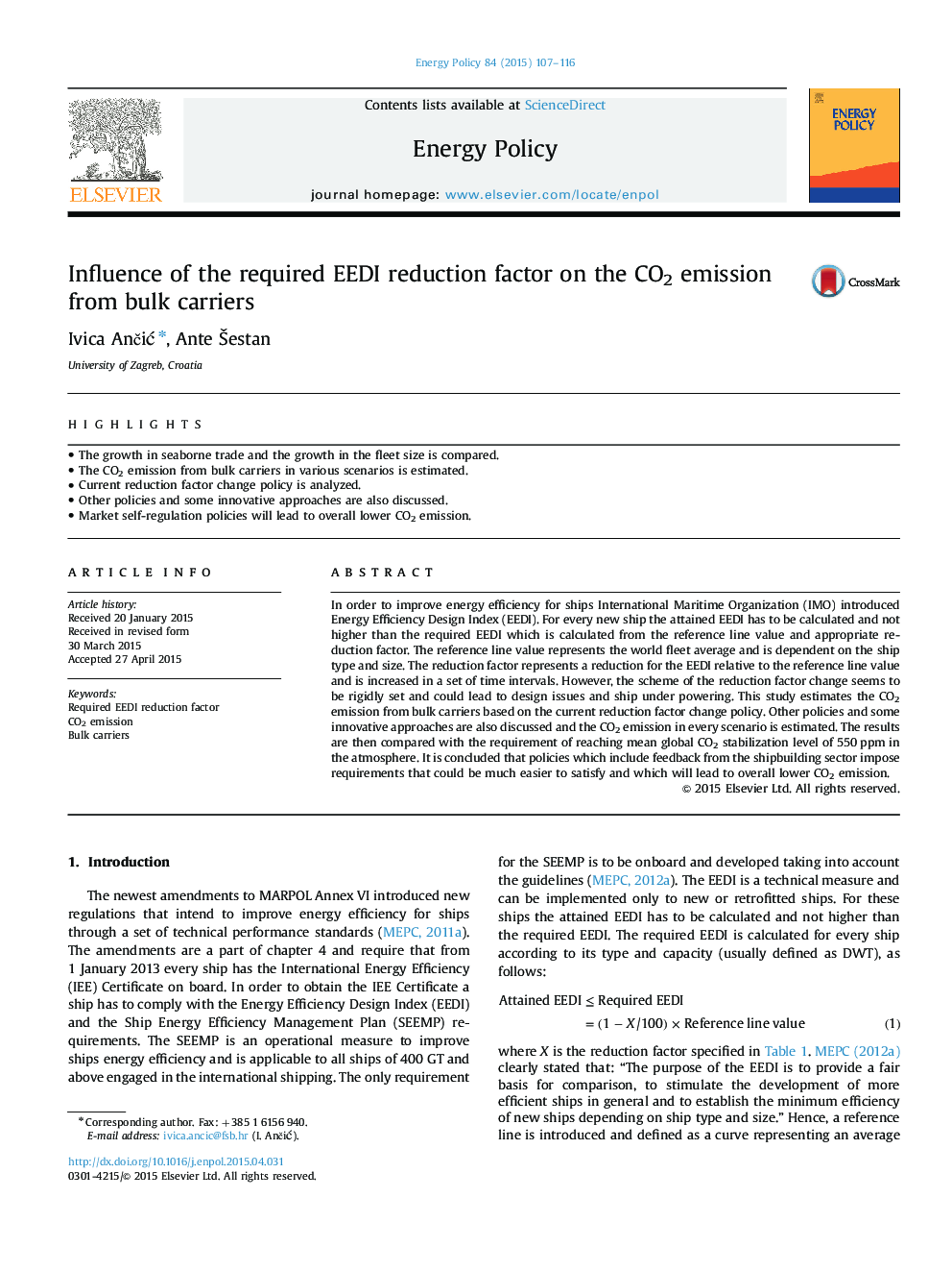 Influence of the required EEDI reduction factor on the CO2 emission from bulk carriers