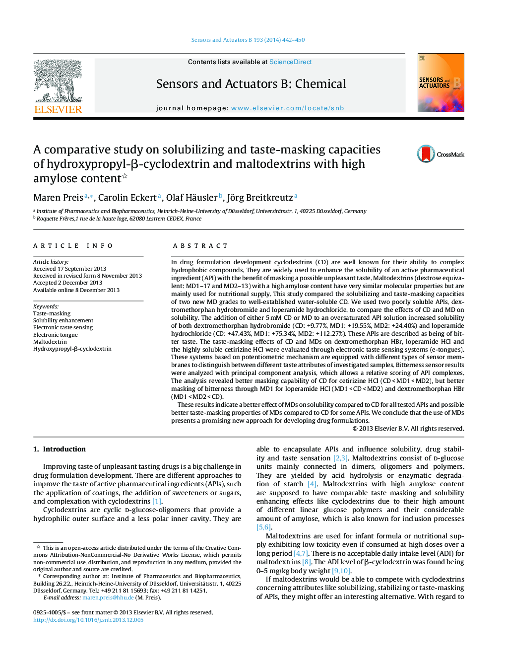 A comparative study on solubilizing and taste-masking capacities of hydroxypropyl-β-cyclodextrin and maltodextrins with high amylose content 