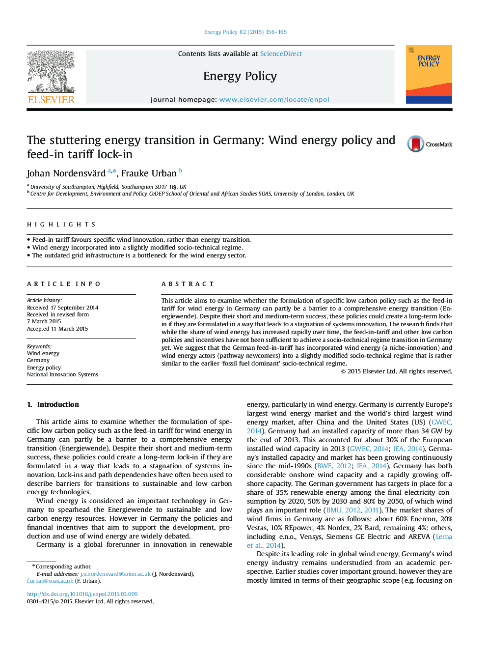 The stuttering energy transition in Germany: Wind energy policy and feed-in tariff lock-in