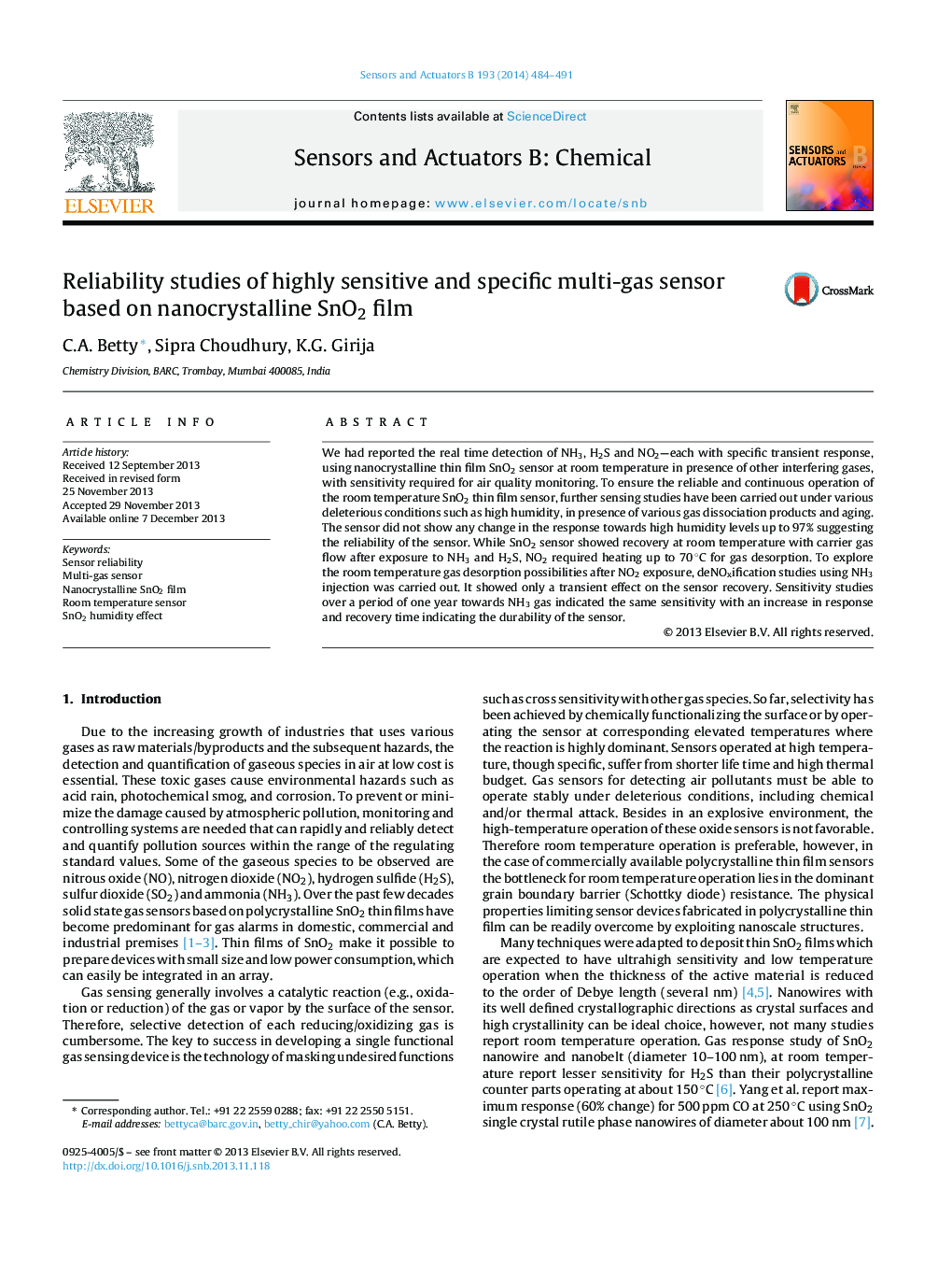 Reliability studies of highly sensitive and specific multi-gas sensor based on nanocrystalline SnO2 film