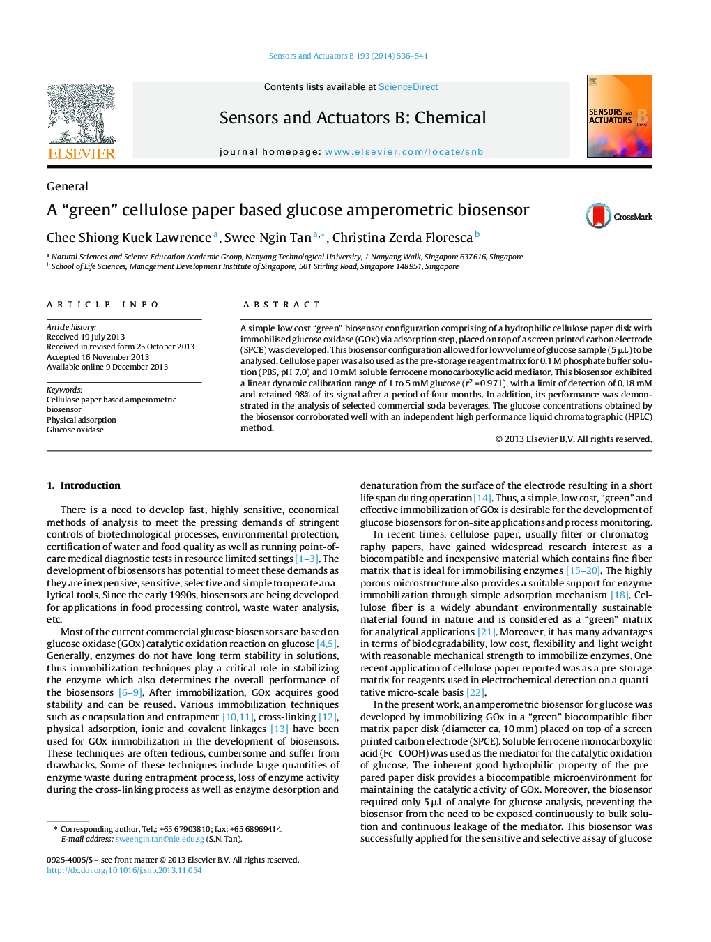 A “green” cellulose paper based glucose amperometric biosensor