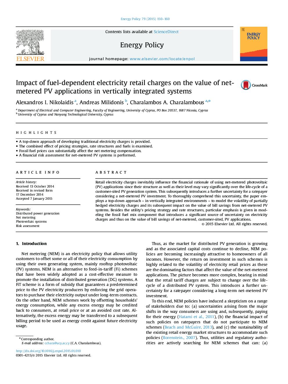 Impact of fuel-dependent electricity retail charges on the value of net-metered PV applications in vertically integrated systems