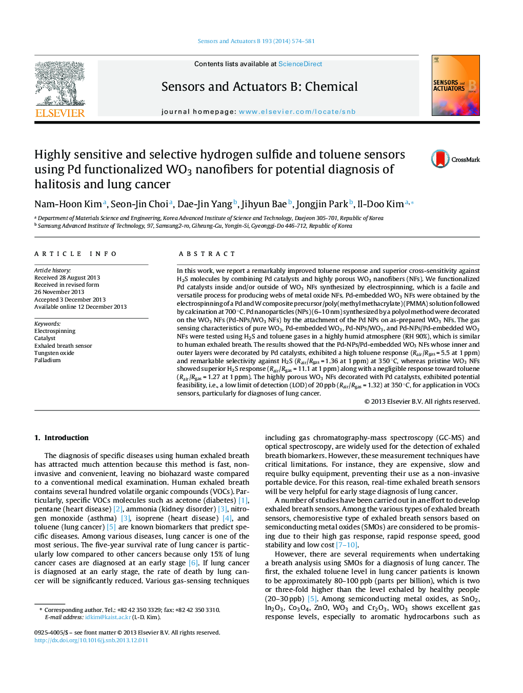 Highly sensitive and selective hydrogen sulfide and toluene sensors using Pd functionalized WO3 nanofibers for potential diagnosis of halitosis and lung cancer