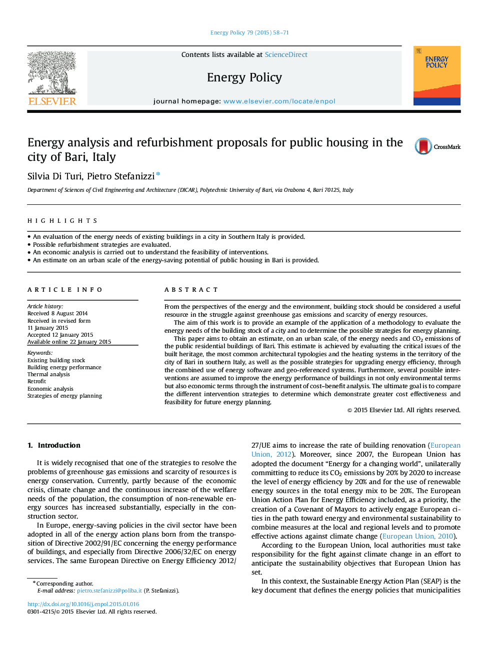 Energy analysis and refurbishment proposals for public housing in the city of Bari, Italy