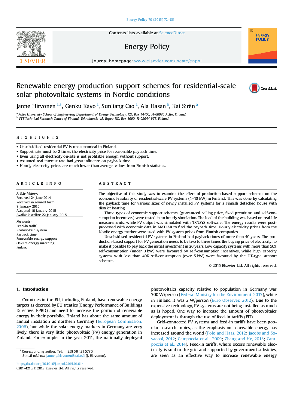 Renewable energy production support schemes for residential-scale solar photovoltaic systems in Nordic conditions