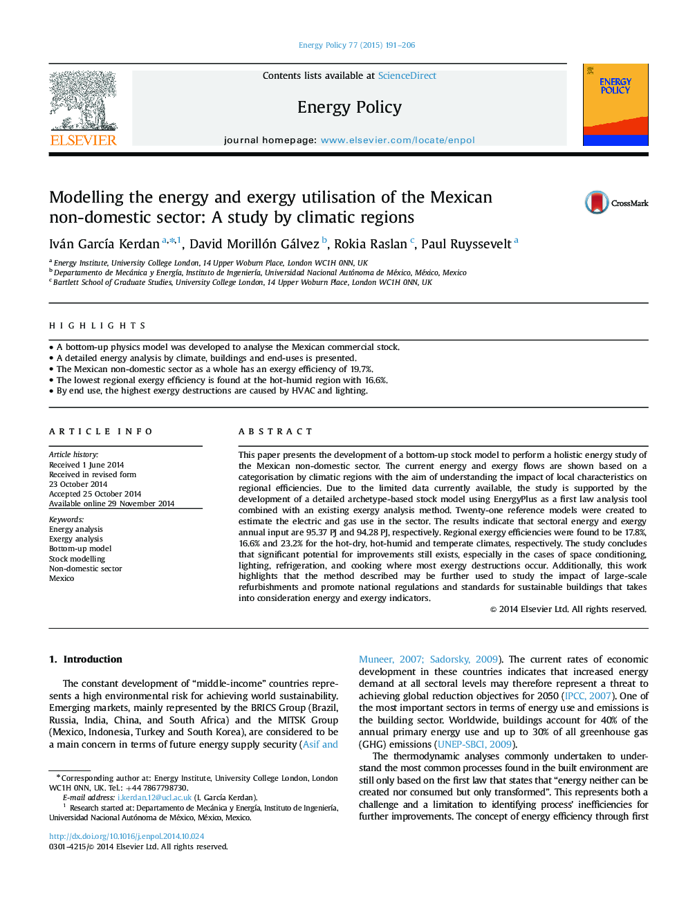 مدل سازی انرژی و استفاده از اگزرژی بخش غیر داخلی مکزیک: مطالعه منطقه های آب و هوایی 