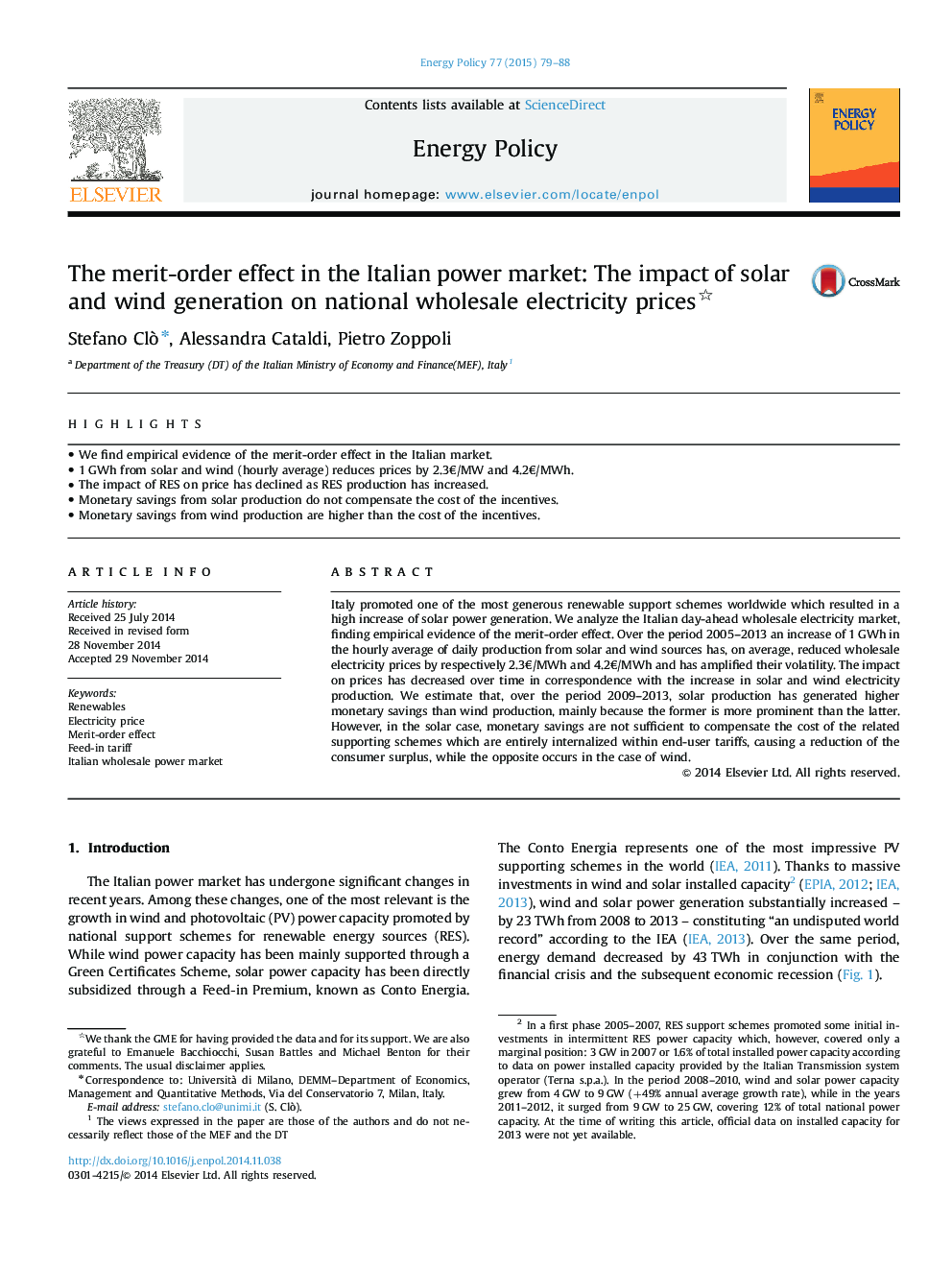 The merit-order effect in the Italian power market: The impact of solar and wind generation on national wholesale electricity prices