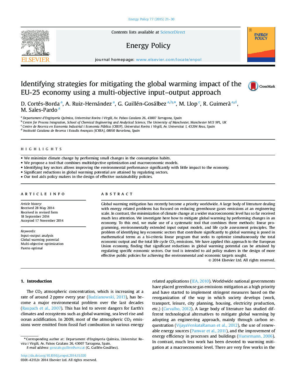 Identifying strategies for mitigating the global warming impact of the EU-25 economy using a multi-objective input-output approach