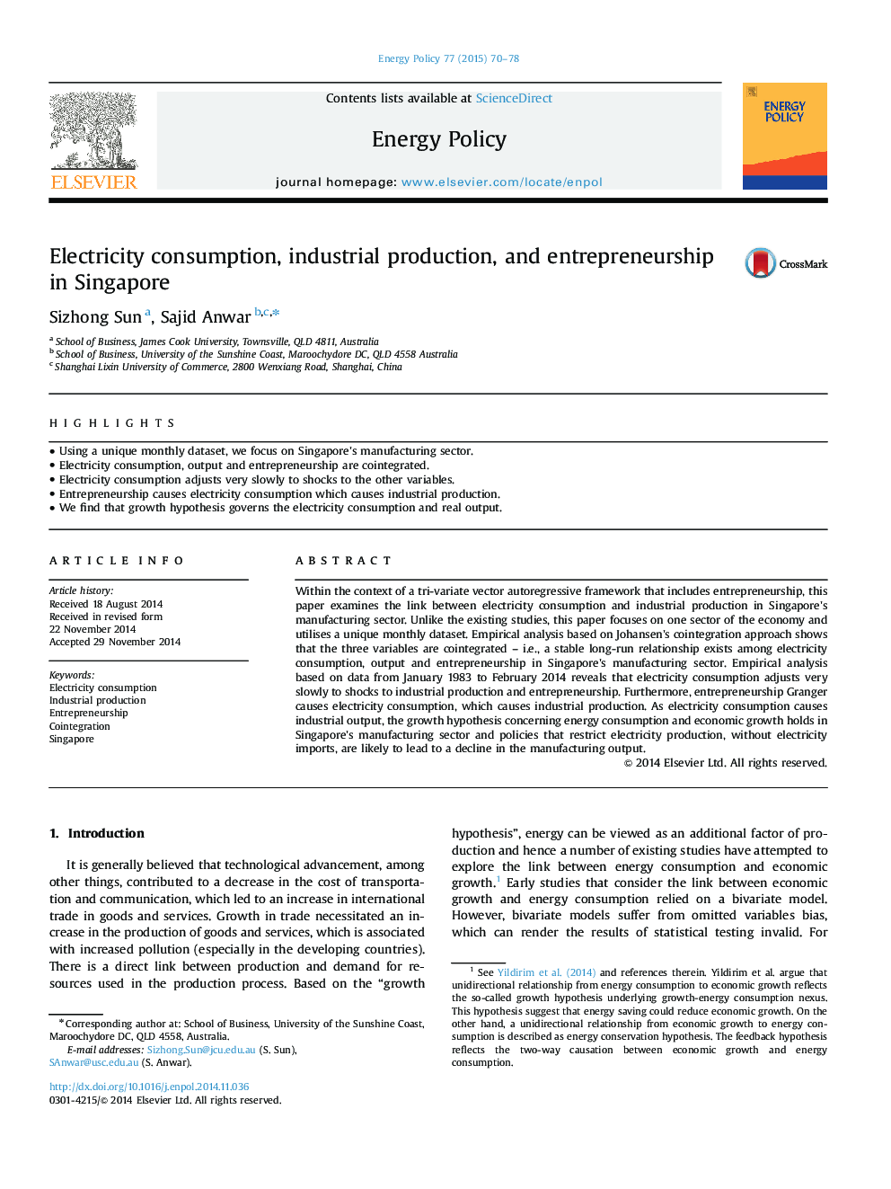 Electricity consumption, industrial production, and entrepreneurship in Singapore