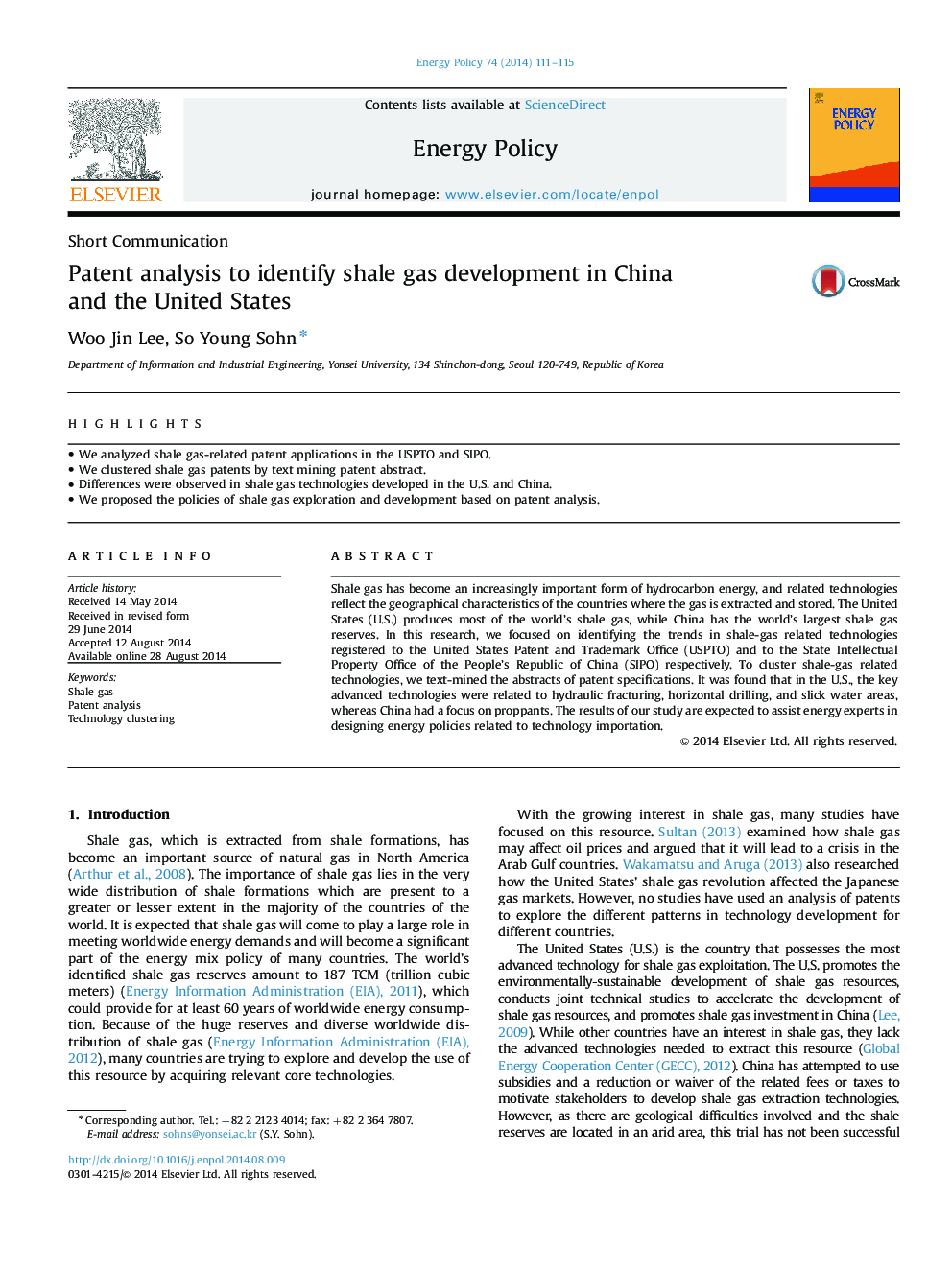 تجزیه و تحلیل ثبت اختراع برای تشخیص توسعه گاز شیل در چین و ایالات متحده 
