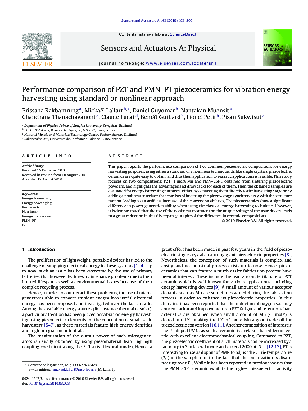 Performance comparison of PZT and PMN–PT piezoceramics for vibration energy harvesting using standard or nonlinear approach