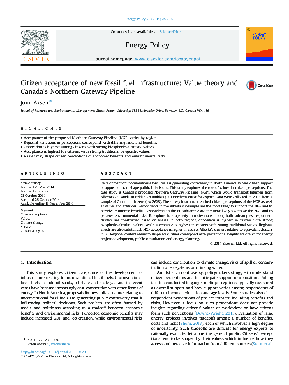 Citizen acceptance of new fossil fuel infrastructure: Value theory and Canada×³s Northern Gateway Pipeline