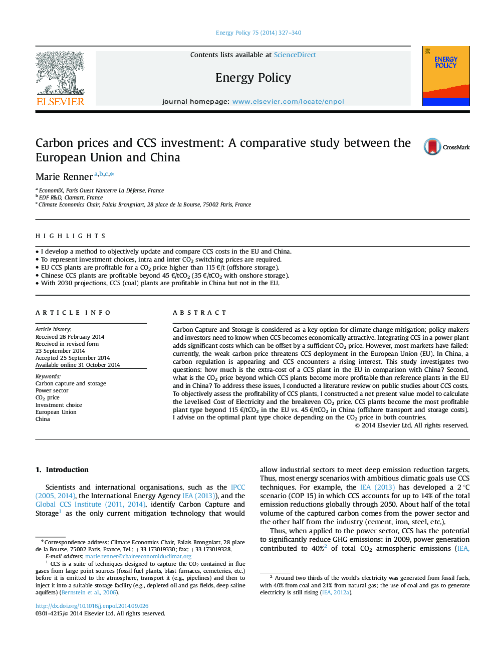 Carbon prices and CCS investment: A comparative study between the European Union and China