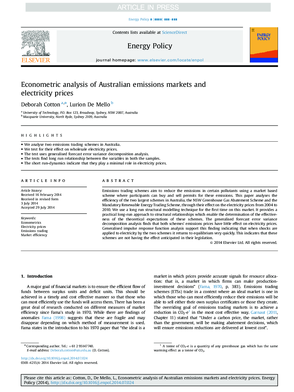 Econometric analysis of Australian emissions markets and electricity prices