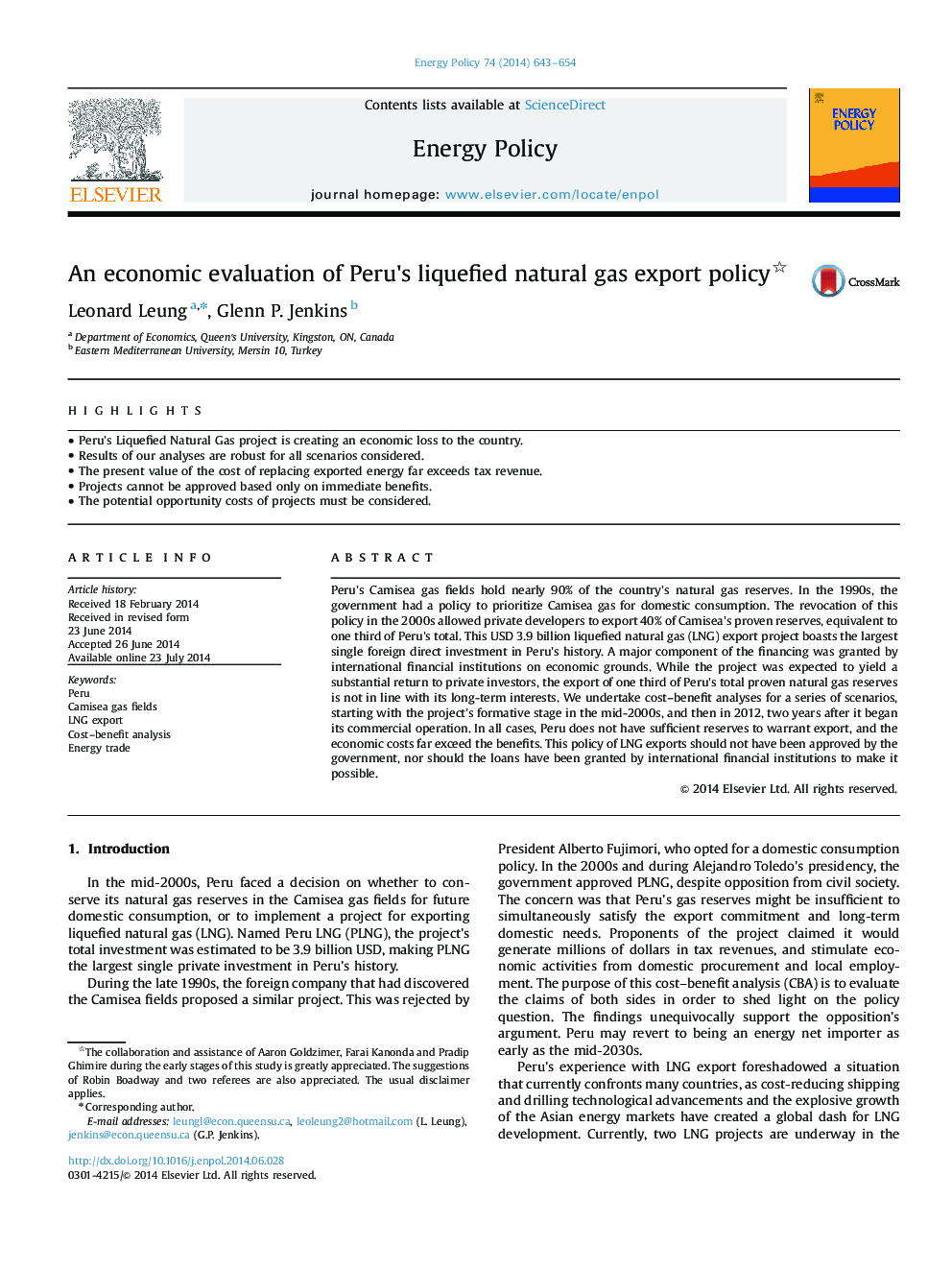 An economic evaluation of Peru×³s liquefied natural gas export policy