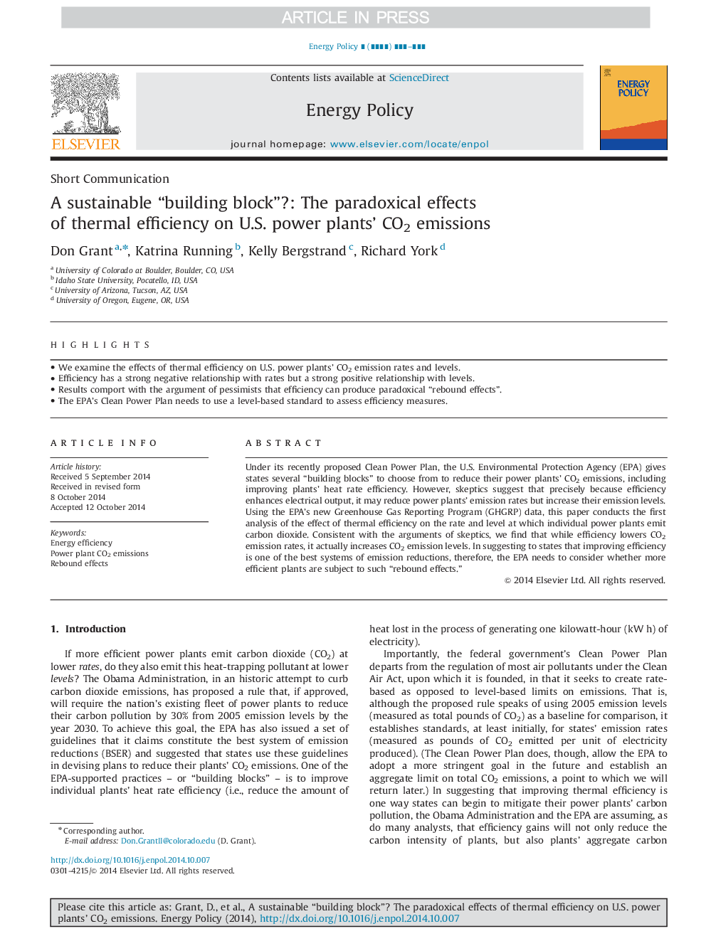 A sustainable “building block”?: The paradoxical effects of thermal efficiency on U.S. power plants' CO2 emissions