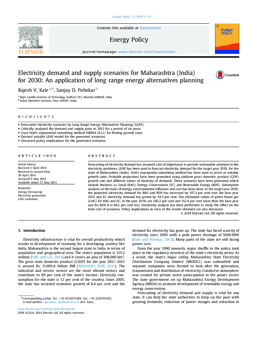 سناریوهای تقاضای برق و عرضه برای ماهاراشترا (هند) تا سال 2030: استفاده از برنامه های جایگزین انرژی طولانی مدت 