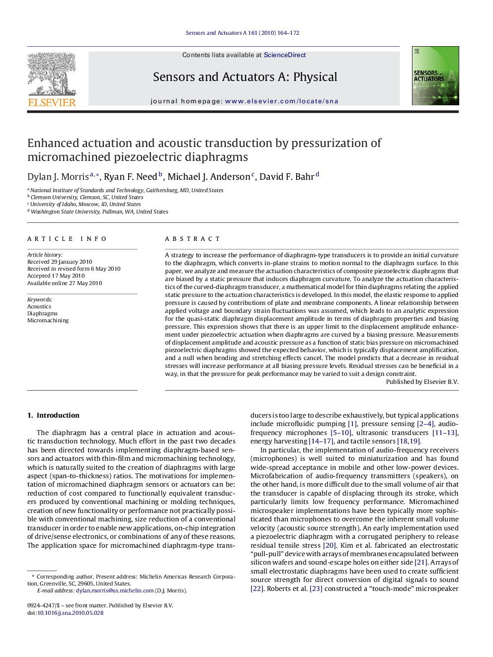عکس صفحه اول مقاله: Enhanced actuation and acoustic transduction by pressurization of micromachined piezoelectric diaphragms Enhanced actuation and acoustic transduction by pressurization of micromachined piezoelectric diaphragms